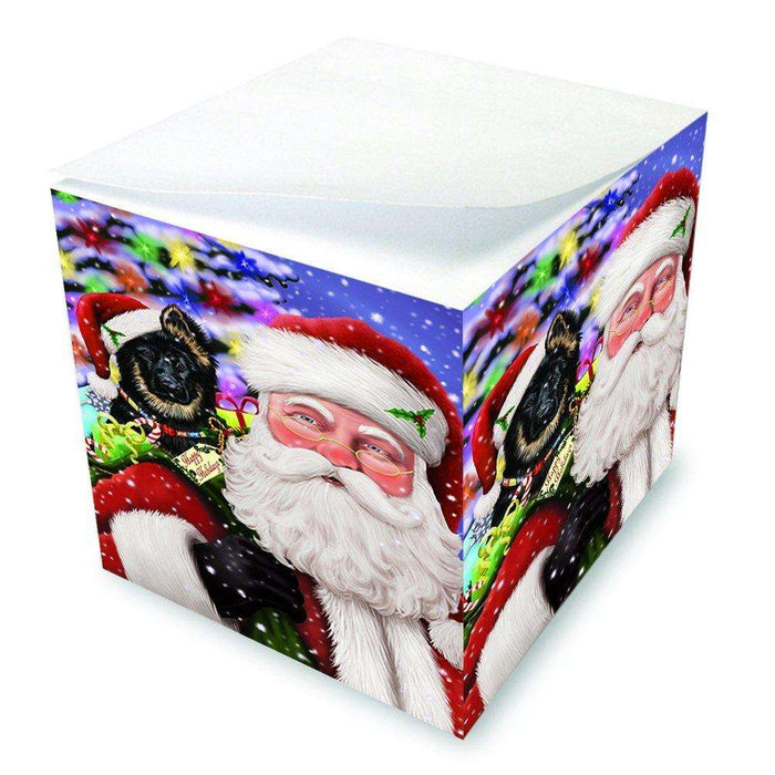 Jolly Old Saint Nick Santa Holding German Shepherd Dog and Happy Holiday Gifts Note Cube D235