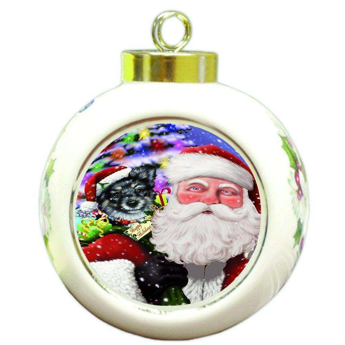 Jolly Old Saint Nick Santa Holding German Shepherd Dog and Happy Holiday Gifts Round Ball Christmas Ornament D193