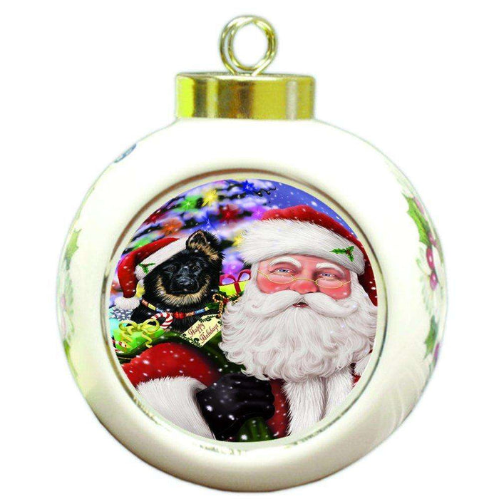 Jolly Old Saint Nick Santa Holding German Shepherd Dog and Happy Holiday Gifts Round Ball Christmas Ornament D205