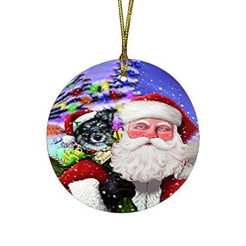 Jolly Old Saint Nick Santa Holding German Shepherd Dog and Happy Holiday Gifts Round Christmas Ornament D193