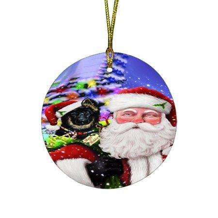 Jolly Old Saint Nick Santa Holding German Shepherd Dog and Happy Holiday Gifts Round Christmas Ornament D205