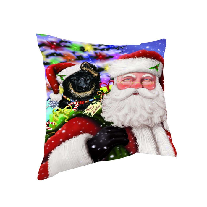 Jolly Old Saint Nick Santa Holding German Shepherd Dog and Happy Holiday Gifts Throw Pillow