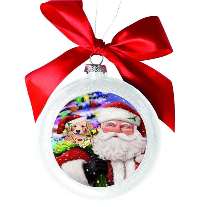 Jolly Old Saint Nick Santa Holding Golden Retriever Dog and Happy Holiday Gifts White Round Ball Christmas Ornament WBSOR48850