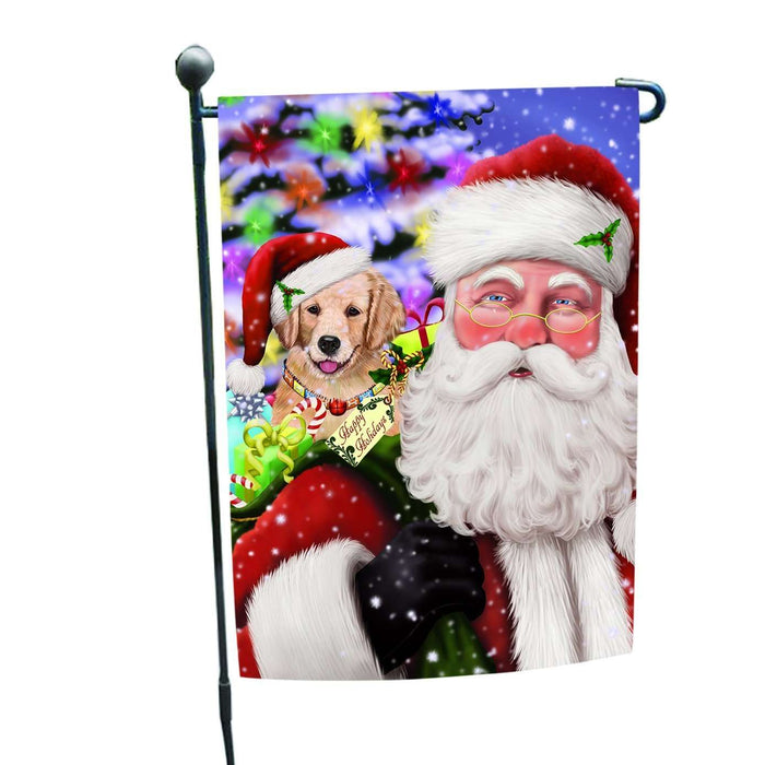 Jolly Old Saint Nick Santa Holding Golden Retrievers Dog and Happy Holiday Gifts Garden Flag