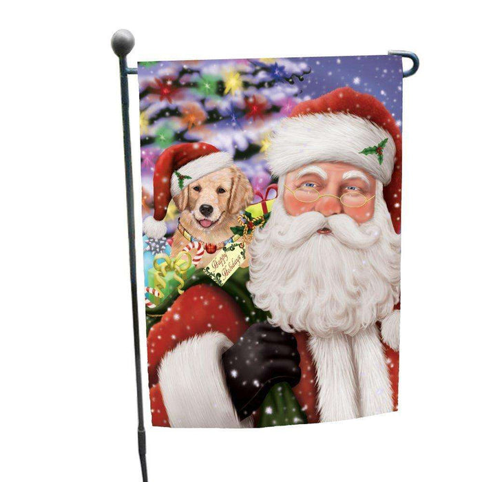 Jolly Old Saint Nick Santa Holding Golden Retrievers Dog and Happy Holiday Gifts Garden Flag