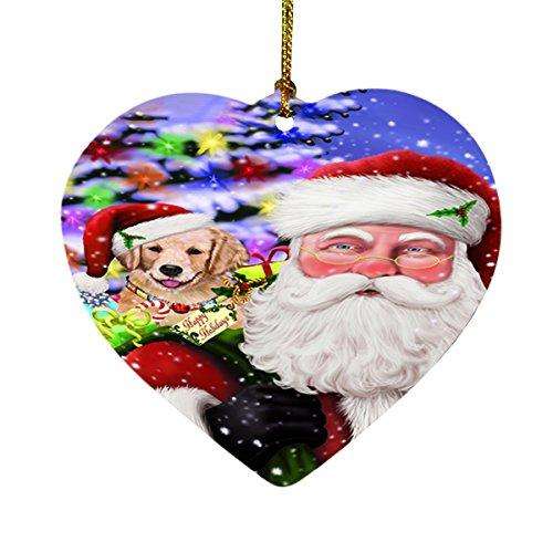 Jolly Old Saint Nick Santa Holding Golden Retrievers Dog and Happy Holiday Gifts Heart Christmas Ornament D185