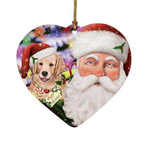 Jolly Old Saint Nick Santa Holding Golden Retrievers Dog and Happy Holiday Gifts Heart Christmas Ornament