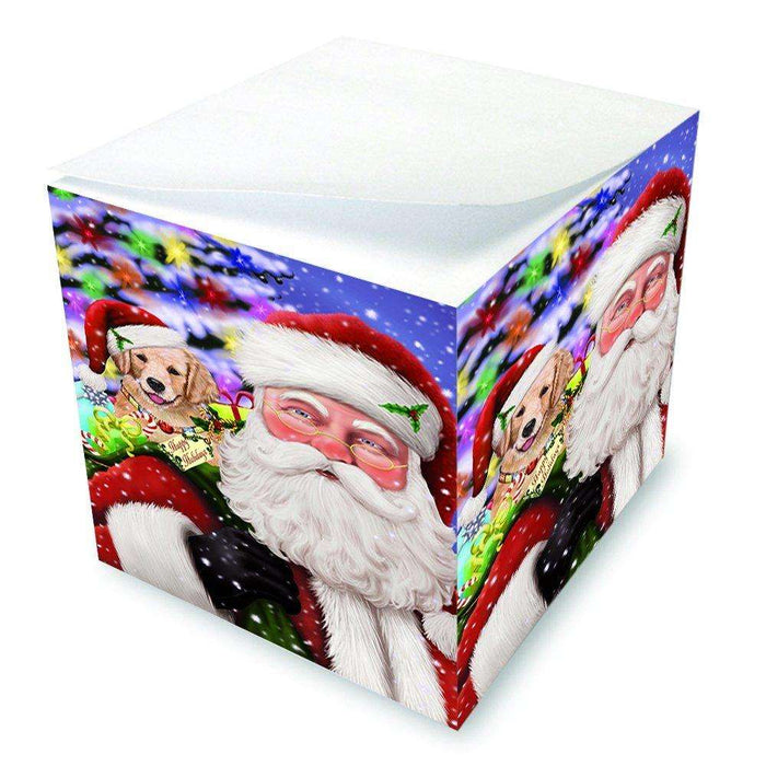 Jolly Old Saint Nick Santa Holding Golden Retrievers Dog and Happy Holiday Gifts Note Cube D215