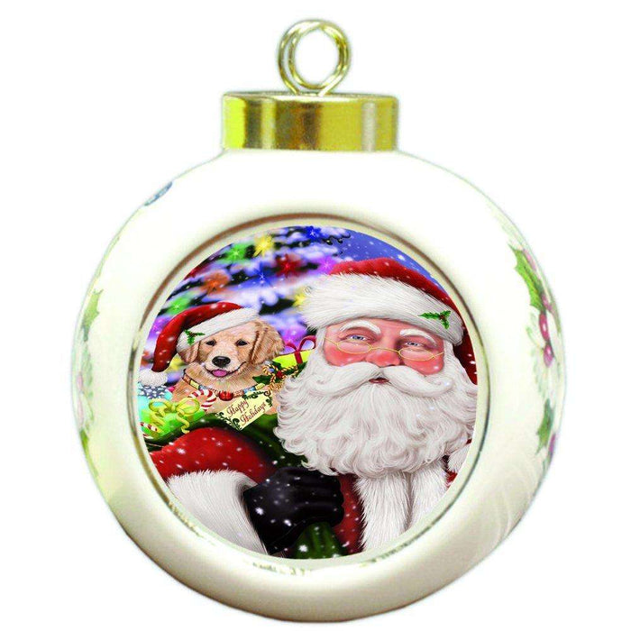 Jolly Old Saint Nick Santa Holding Golden Retrievers Dog and Happy Holiday Gifts Round Ball Christmas Ornament D185