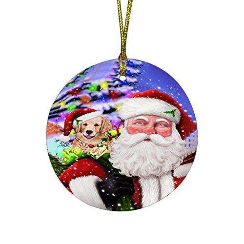 Jolly Old Saint Nick Santa Holding Golden Retrievers Dog and Happy Holiday Gifts Round Christmas Ornament D185