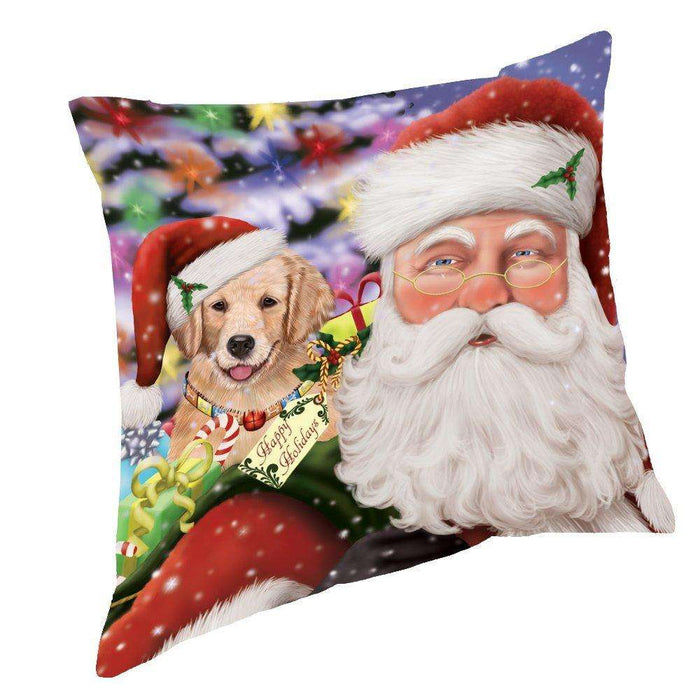 Jolly Old Saint Nick Santa Holding Golden Retrievers Dog and Happy Holiday Gifts Throw Pillow