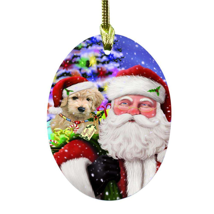 Jolly Old Saint Nick Santa Holding Goldendoodle Dog and Happy Holiday Gifts Oval Glass Christmas Ornament OGOR48851