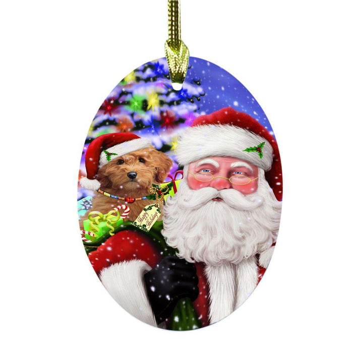 Jolly Old Saint Nick Santa Holding Goldendoodle Dog and Happy Holiday Gifts Oval Glass Christmas Ornament OGOR48852