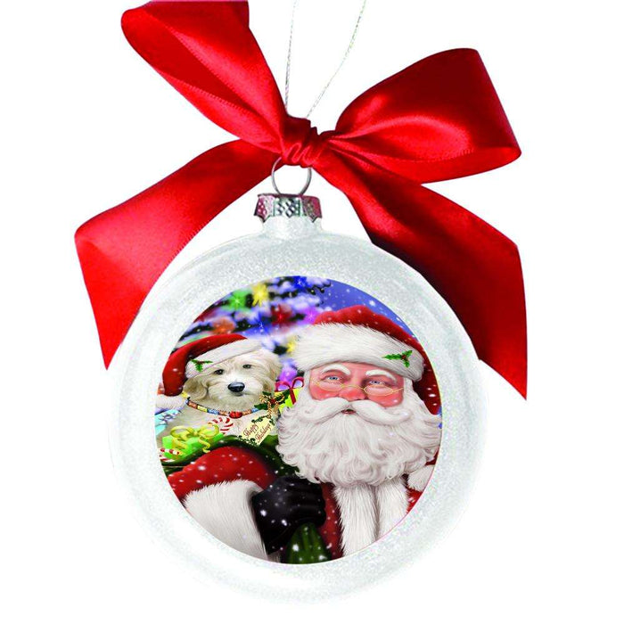 Jolly Old Saint Nick Santa Holding Goldendoodle Dog and Happy Holiday Gifts White Round Ball Christmas Ornament WBSOR48853