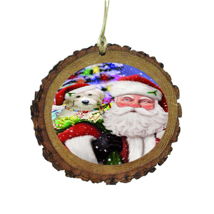 Jolly Old Saint Nick Santa Holding Goldendoodle Dog and Happy Holiday Gifts Wooden Christmas Ornament WOR48853