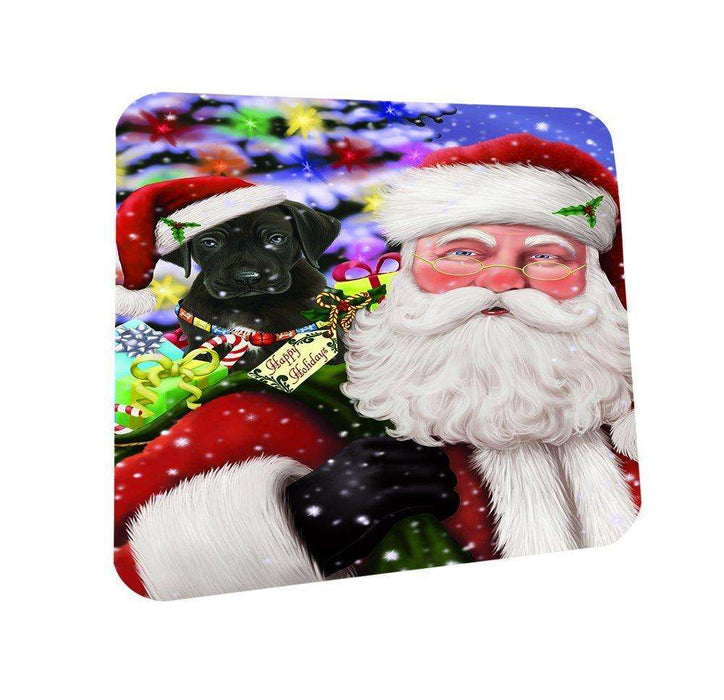 Jolly Old Saint Nick Santa Holding Great Dane Dog and Happy Holiday Gifts Coasters Set of 4