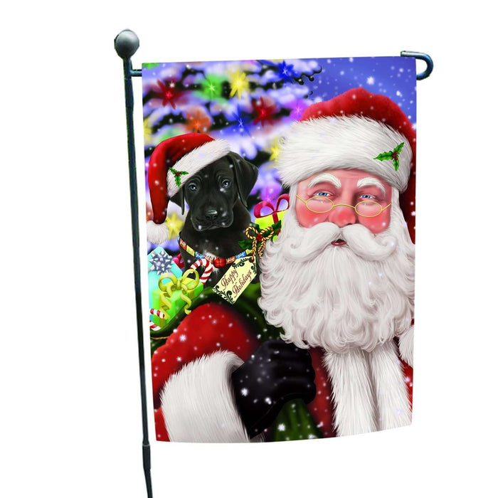 Jolly Old Saint Nick Santa Holding Great Dane Dog and Happy Holiday Gifts Garden Flag