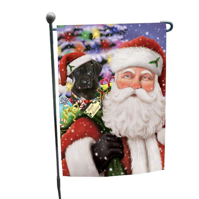 Jolly Old Saint Nick Santa Holding Great Dane Dog and Happy Holiday Gifts Garden Flag