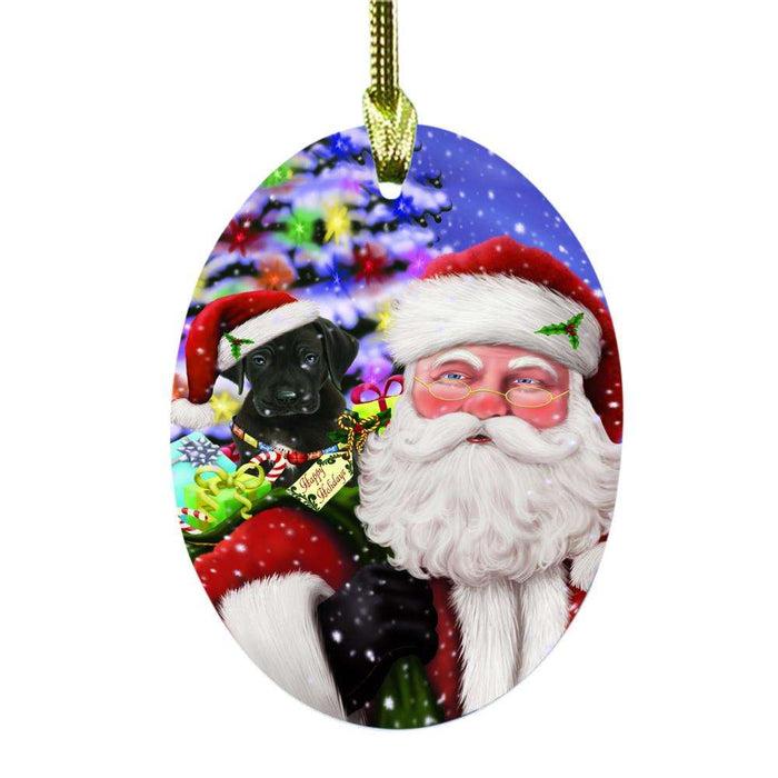 Jolly Old Saint Nick Santa Holding Great Dane Dog and Happy Holiday Gifts Oval Glass Christmas Ornament OGOR48854