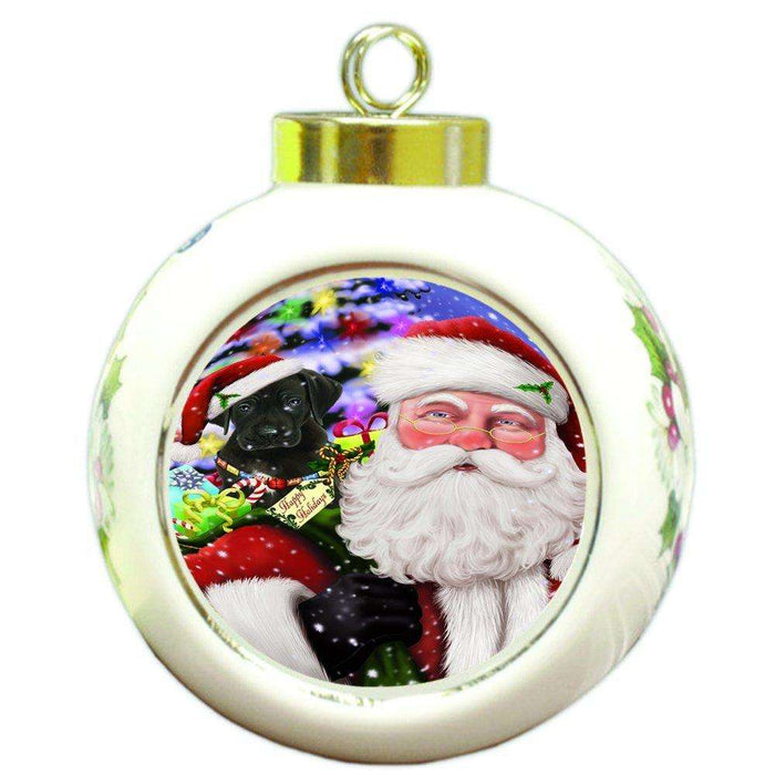 Jolly Old Saint Nick Santa Holding Great Dane Dog and Happy Holiday Gifts Round Ball Christmas Ornament D186