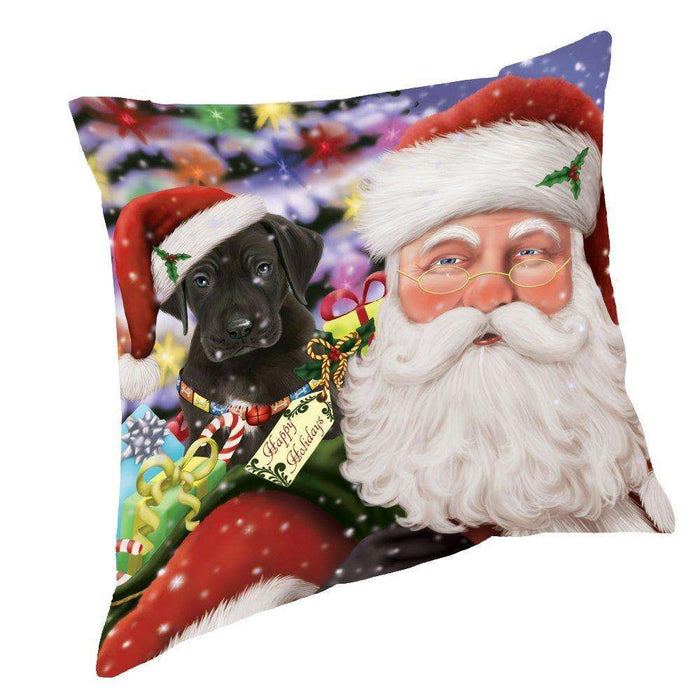 Jolly Old Saint Nick Santa Holding Great Dane Dog and Happy Holiday Gifts Throw Pillow