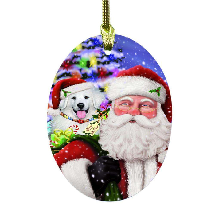 Jolly Old Saint Nick Santa Holding Great Pyrenee Dog and Happy Holiday Gifts Oval Glass Christmas Ornament OGOR48855