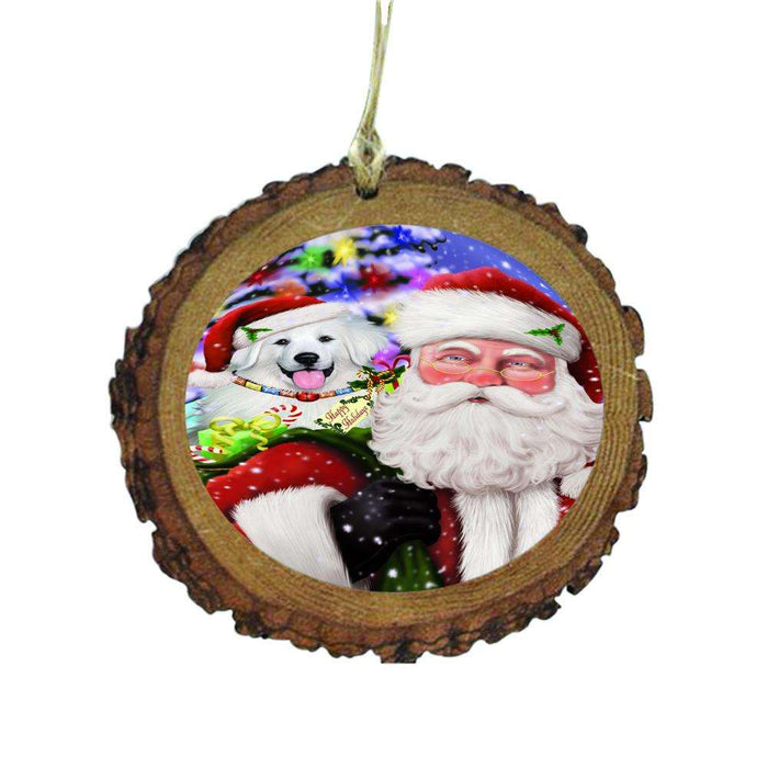 Jolly Old Saint Nick Santa Holding Great Pyrenee Dog and Happy Holiday Gifts Wooden Christmas Ornament WOR48855