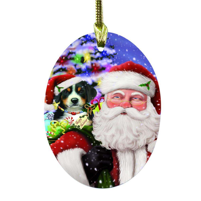 Jolly Old Saint Nick Santa Holding Greater Swiss Mountain Dog and Happy Holiday Gifts Oval Glass Christmas Ornament OGOR48856