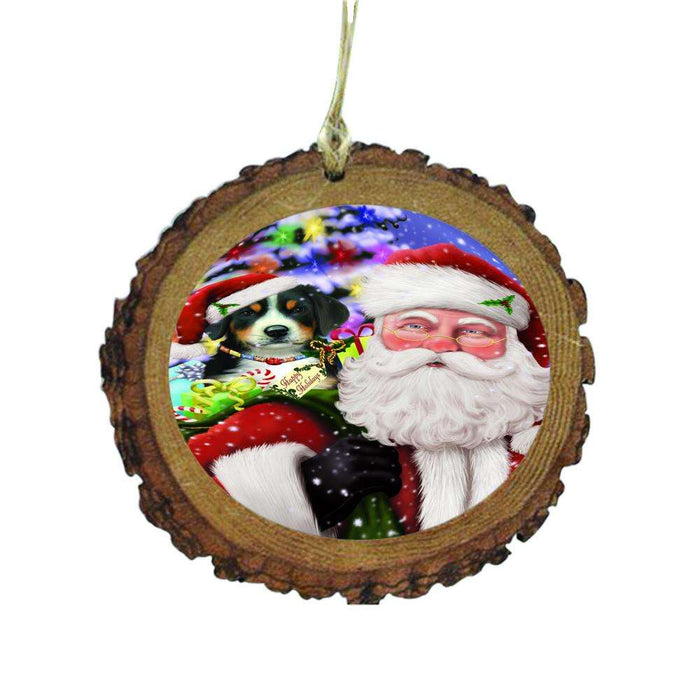 Jolly Old Saint Nick Santa Holding Greater Swiss Mountain Dog and Happy Holiday Gifts Wooden Christmas Ornament WOR48856