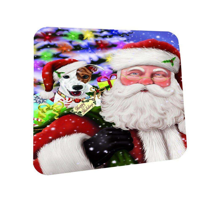 Jolly Old Saint Nick Santa Holding Jack Russel Dog and Happy Holiday Gifts Coasters Set of 4