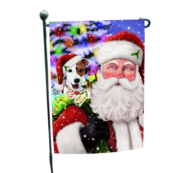 Jolly Old Saint Nick Santa Holding Jack Russel Dog and Happy Holiday Gifts Garden Flag