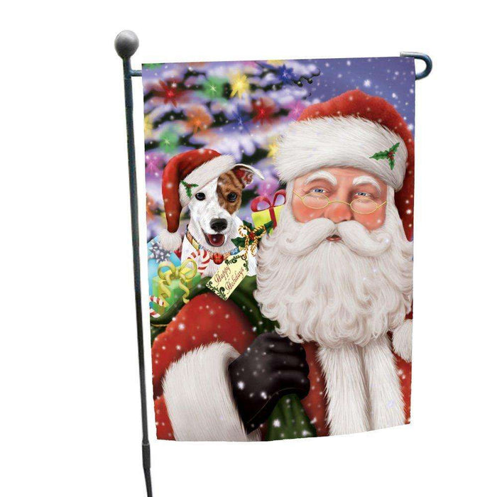 Jolly Old Saint Nick Santa Holding Jack Russell Dog and Happy Holiday Gifts Garden Flag