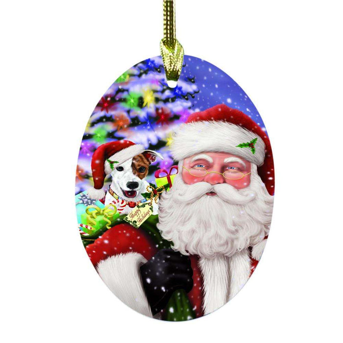 Jolly Old Saint Nick Santa Holding Jack Russell Dog and Happy Holiday Gifts Oval Glass Christmas Ornament OGOR48859