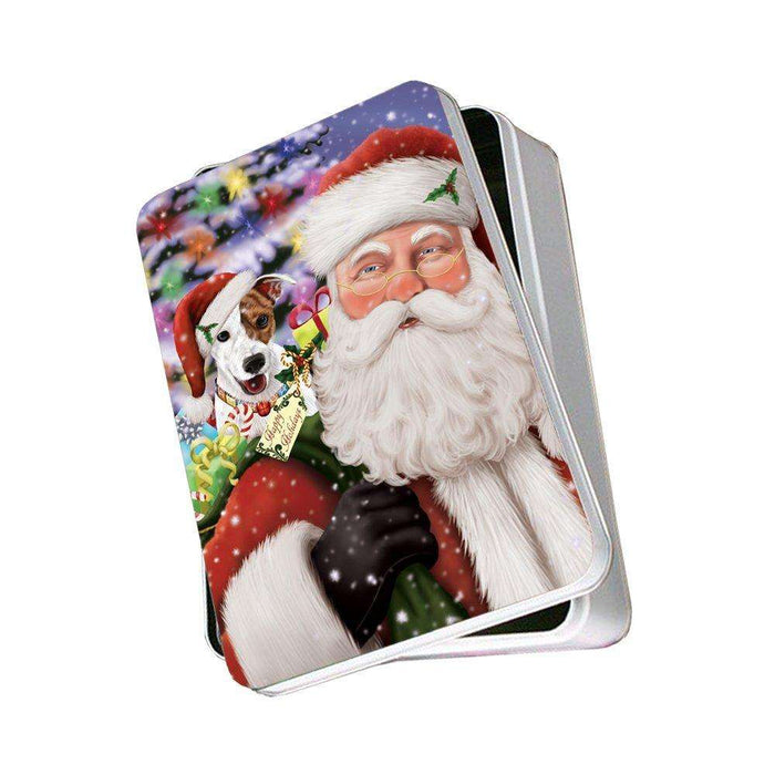 Jolly Old Saint Nick Santa Holding Jack Russell Dog and Happy Holiday Gifts Photo Storage Tin