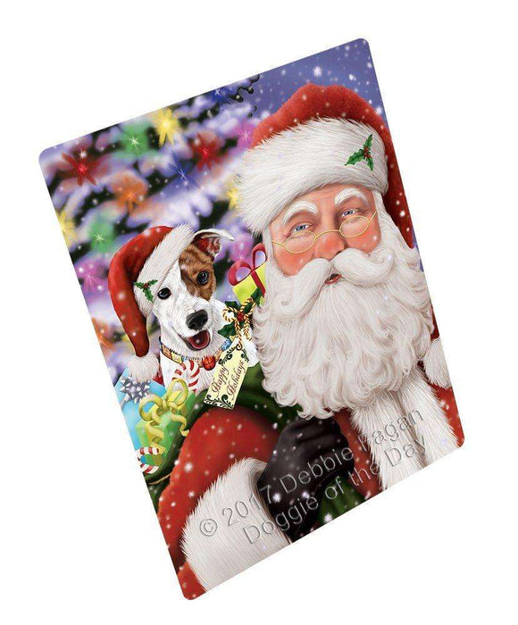 Jolly Old Saint Nick Santa Holding Jack Russell Dog and Happy Holiday Gifts Tempered Cutting Board