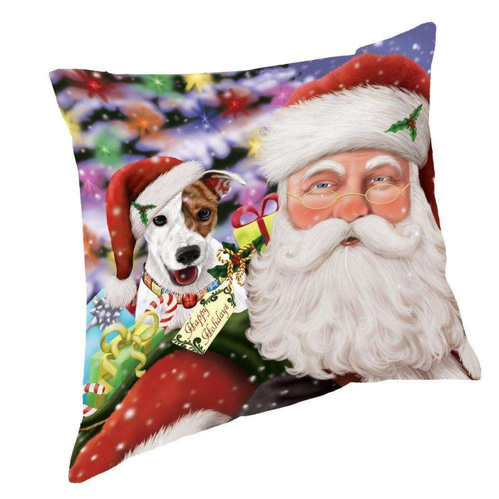 Jolly Old Saint Nick Santa Holding Jack Russell Dog and Happy Holiday Gifts Throw Pillow