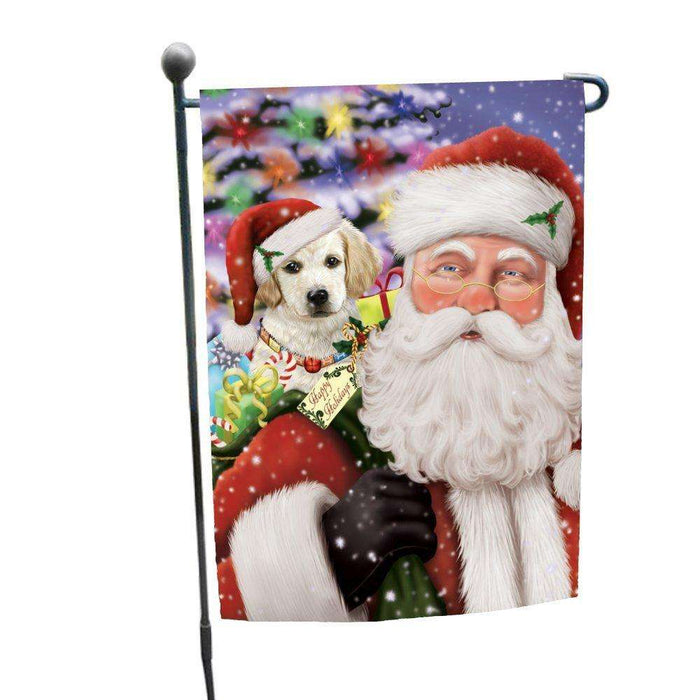 Jolly Old Saint Nick Santa Holding Labrador Dog and Happy Holiday Gifts Garden Flag