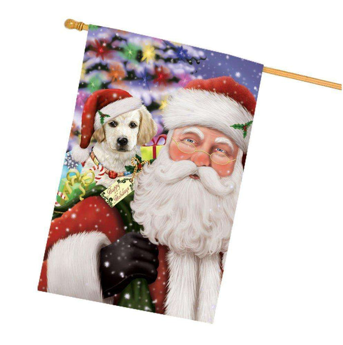 Jolly Old Saint Nick Santa Holding Labrador Dog and Happy Holiday Gifts House Flag