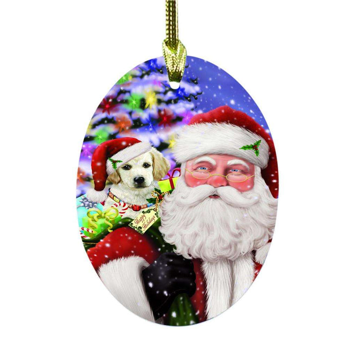 Jolly Old Saint Nick Santa Holding Labrador Dog and Happy Holiday Gifts Oval Glass Christmas Ornament OGOR48861