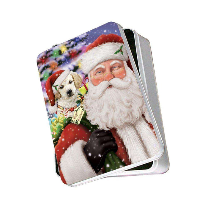 Jolly Old Saint Nick Santa Holding Labrador Dog and Happy Holiday Gifts Photo Storage Tin
