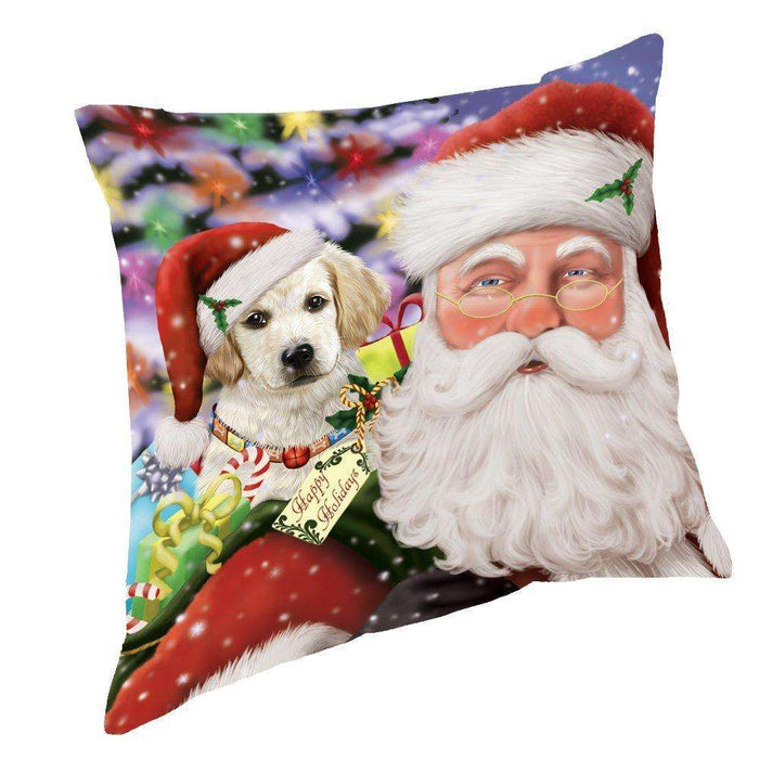 Jolly Old Saint Nick Santa Holding Labrador Dog and Happy Holiday Gifts Throw Pillow