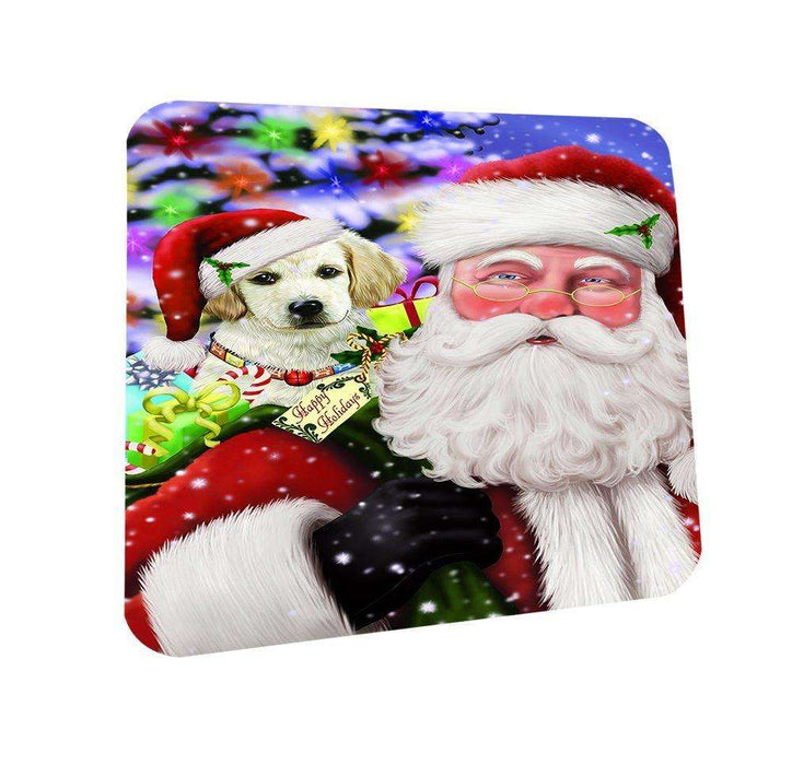Jolly Old Saint Nick Santa Holding Labradors Dog and Happy Holiday Gifts Coasters Set of 4
