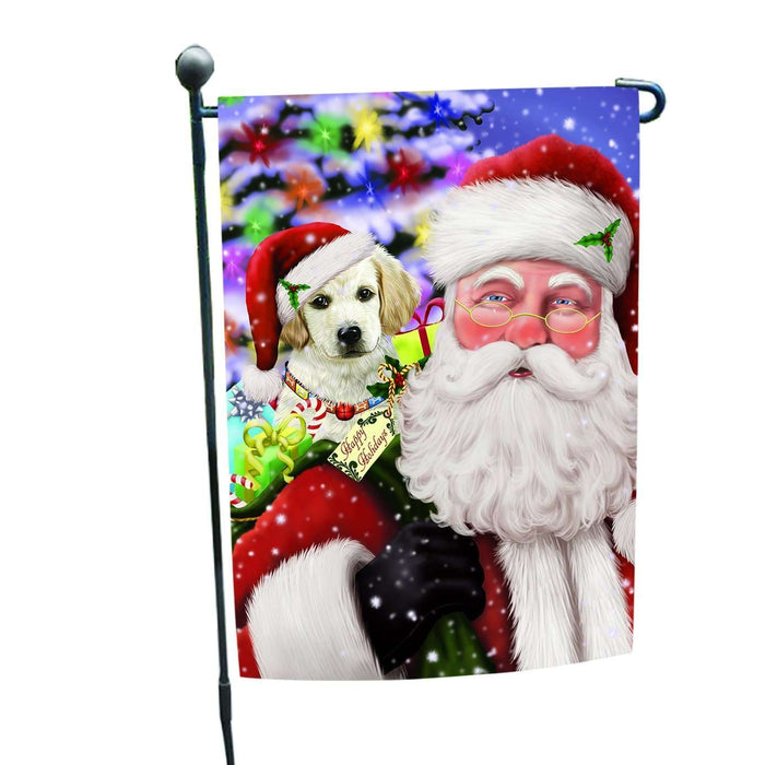 Jolly Old Saint Nick Santa Holding Labradors Dog and Happy Holiday Gifts Garden Flag