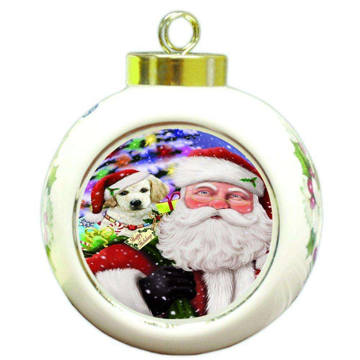 Jolly Old Saint Nick Santa Holding Labradors Dog and Happy Holiday Gifts Round Ball Christmas Ornament D188