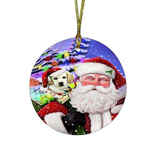 Jolly Old Saint Nick Santa Holding Labradors Dog and Happy Holiday Gifts Round Christmas Ornament D188