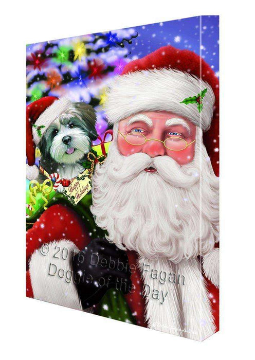 Jolly Old Saint Nick Santa Holding Lhasa Apso Dog and Happy Holiday Gifts Canvas Wall Art