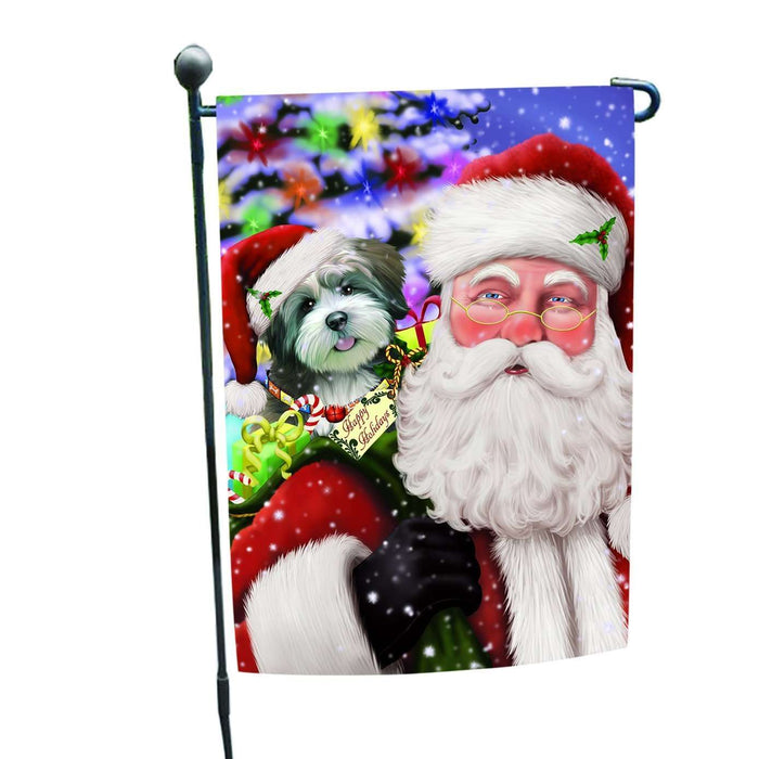 Jolly Old Saint Nick Santa Holding Lhasa Apso Dog and Happy Holiday Gifts Garden Flag