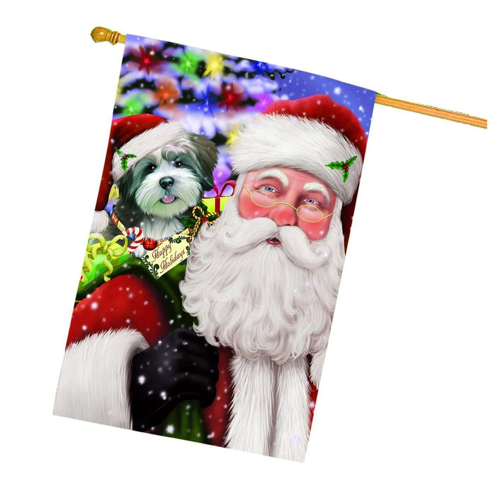 Jolly Old Saint Nick Santa Holding Lhasa Apso Dog and Happy Holiday Gifts House Flag