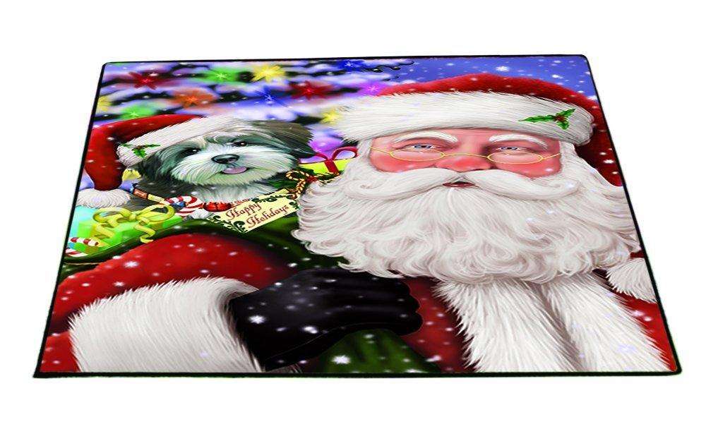 Jolly Old Saint Nick Santa Holding Lhasa Apso Dog and Happy Holiday Gifts Indoor/Outdoor Floormat