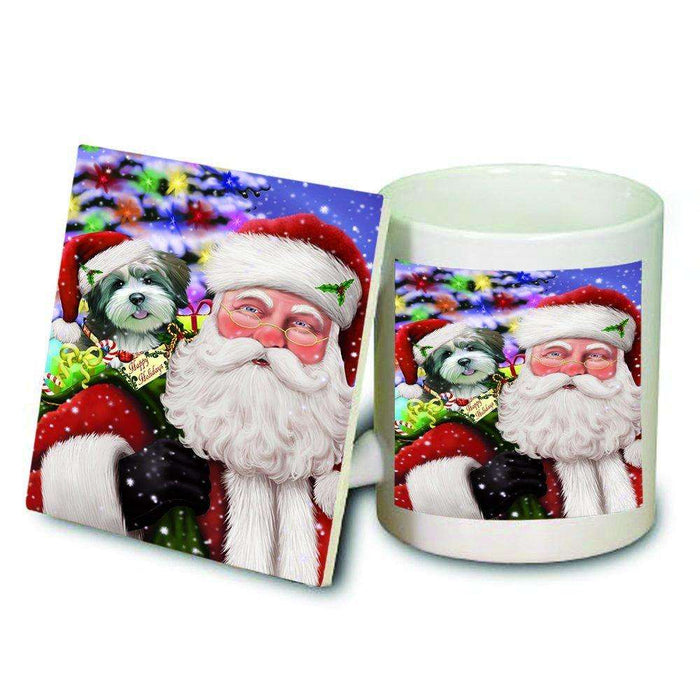 Jolly Old Saint Nick Santa Holding Lhasa Apso Dog and Happy Holiday Gifts Mug and Coaster Set
